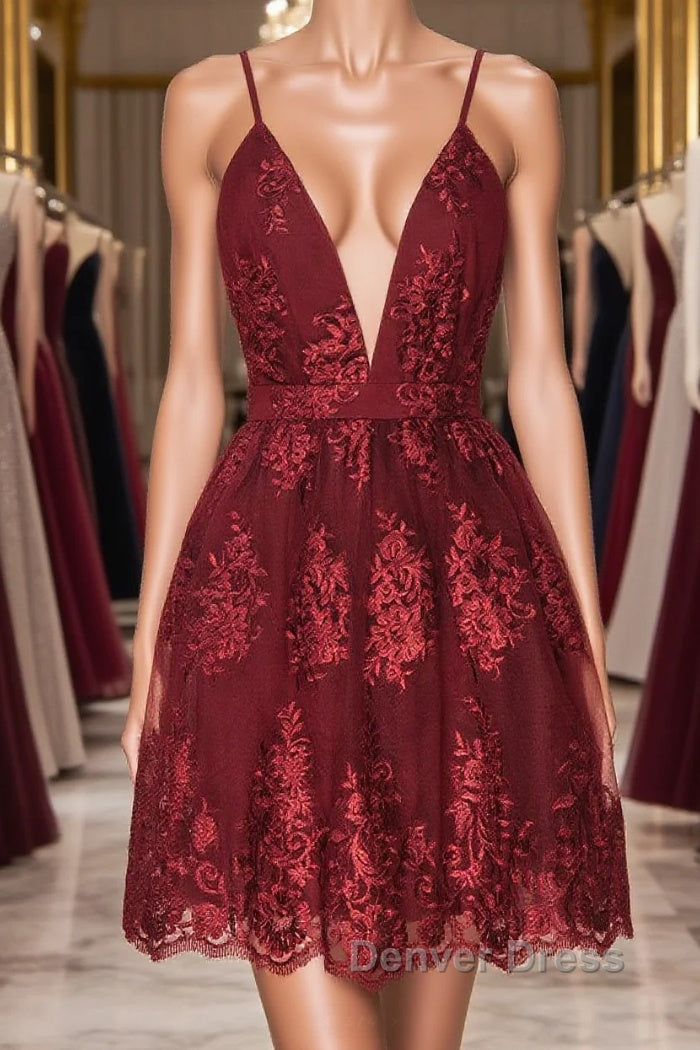 Aline v neck tulle lace short burgundy prom Dress, backless burgundy homecoming Dresses Main image