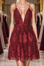Aline v neck tulle lace short burgundy prom Dress, backless burgundy homecoming Dresses