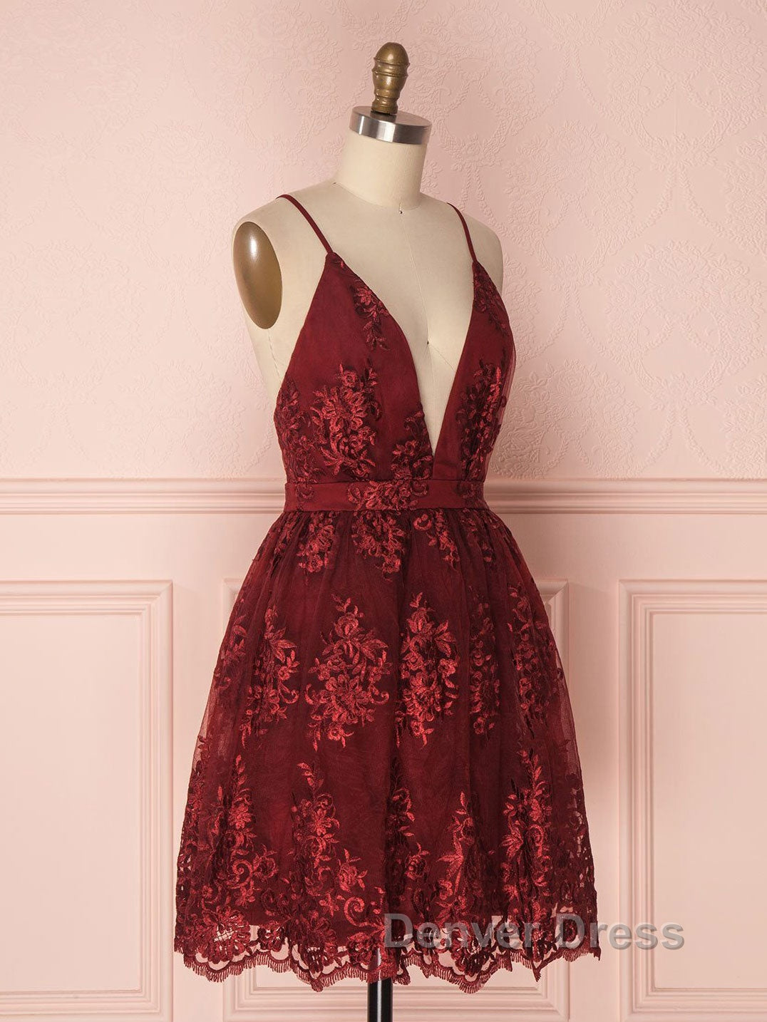 Aline v neck tulle lace short burgundy prom Dress, backless burgundy homecoming Dresses Secondary image