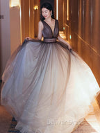 Aline V Neck Tulle Long Prom Dresses Tulle Long Formal Graduation Dresses