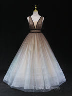Aline V Neck Tulle Long Prom Dresses Tulle Long Formal Graduation Dresses