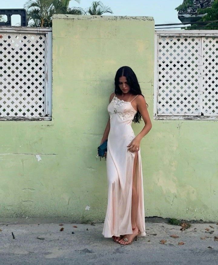 Simple A Line Spaghetti Strap Lace Satin Prom Dress Wedding Guest Dresses With Slit