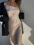Simple A Line Spaghetti Strap Lace Satin Prom Dress Wedding Guest Dresses With Slit