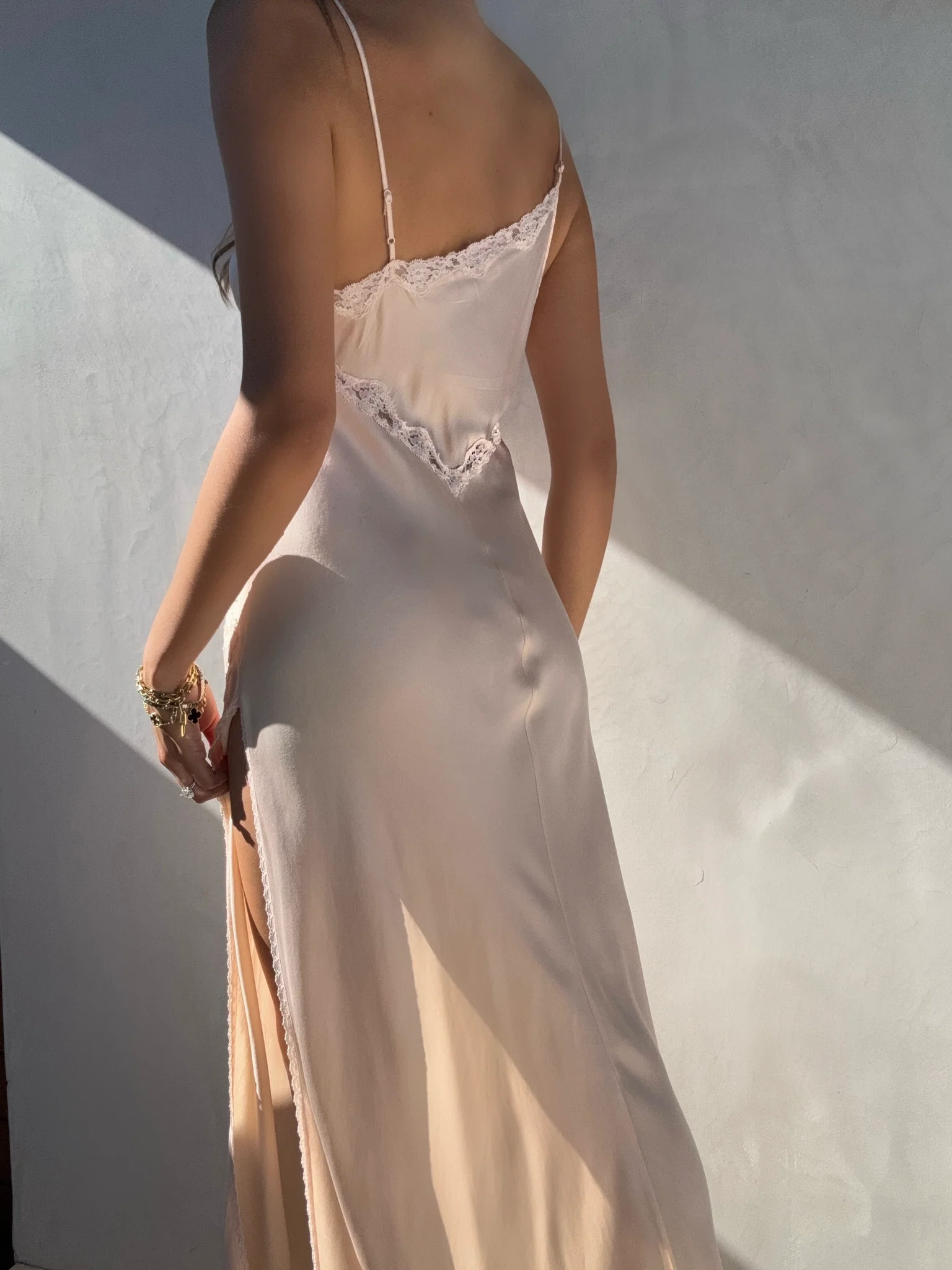 Simple A Line Spaghetti Strap Lace Satin Prom Dress Wedding Guest Dresses With Slit