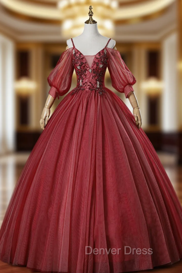 Always Remember Wearing Burgundy Ball Gown Tulle Spagehtti Straps Short Sleeve Quinceanera Dresses