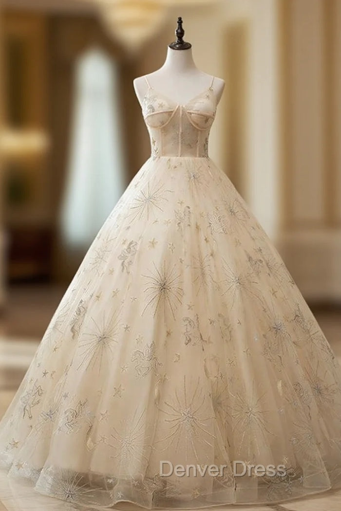 Always Remember Wearing Champagen Ball Gown Tulle Spaghetti Straps Embroidery Quinceanera Dresses Main image