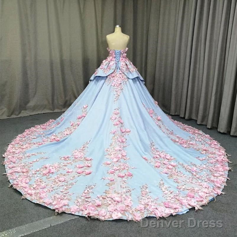 Amazing 3D Floral Lace Flower Satin Wedding Dresses Sweetheart Ball Gown