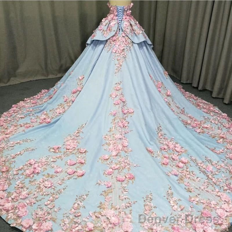Amazing 3D Floral Lace Flower Satin Wedding Dresses Sweetheart Ball Gown