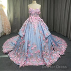Amazing 3D Floral Lace Flower Satin Wedding Dresses Sweetheart Ball Gowns