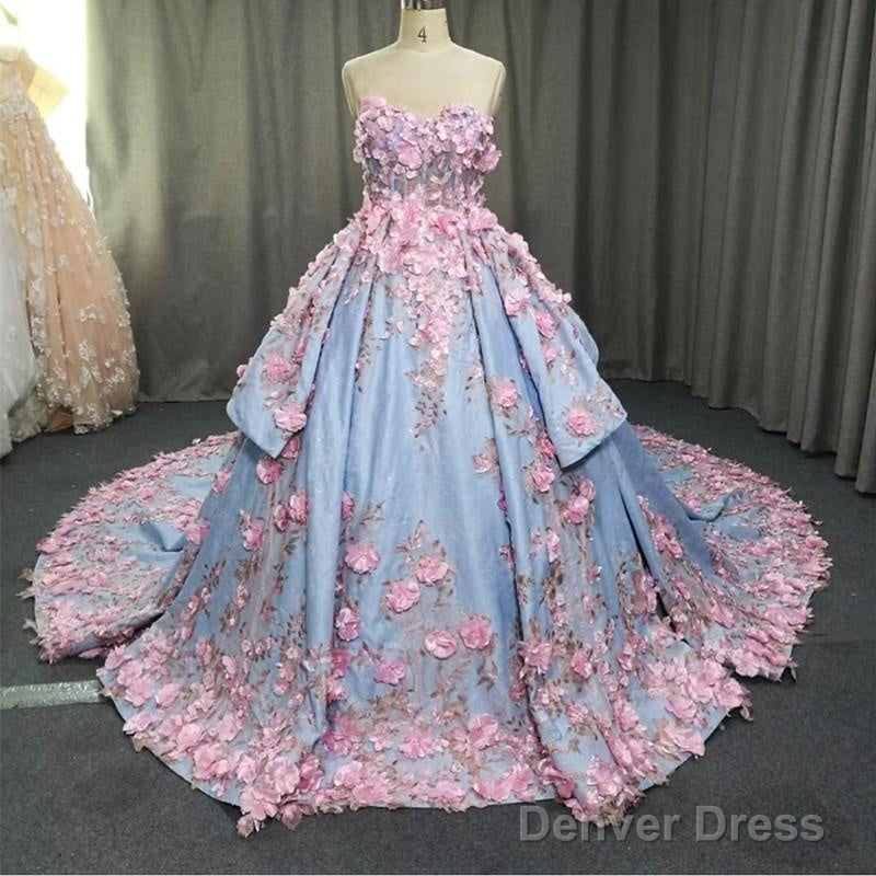 Amazing 3D Floral Lace Flower Satin Wedding Dresses Sweetheart Ball Gown Main image