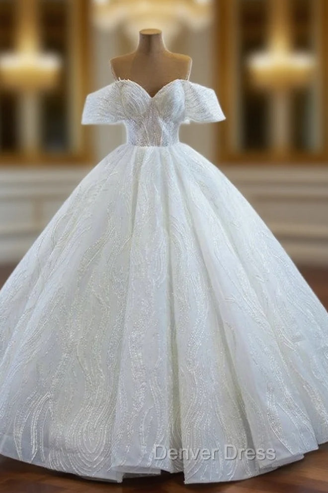 Amazing &amp; Affordable White Ball Gowns Tulle Sequins Off the Shoulder Floor Length Wedding Dresses Main image