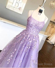 Amazing Lilac Straps Long Lace Prom Dress With Appliques