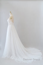 Amazing Long A-line Chapel Train Appliques Tulle Backless Wedding Dresses