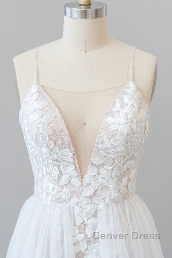 Amazing Long A-line Chapel Train Appliques Tulle Backless Wedding Dresses