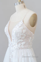 Amazing Long A-line Chapel Train Appliques Tulle Backless Wedding Dresses