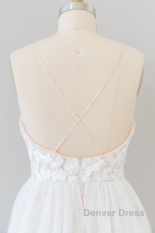 Amazing Long A-line Chapel Train Appliques Tulle Backless Wedding Dresses