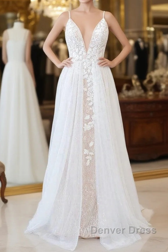 Amazing Long A-line Chapel Train Appliques Tulle Backless Wedding Dresses Main image