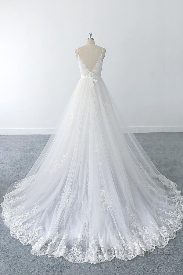 Amazing Long A Line V Neck Ruffle Appliques Tulle Wedding Dresses