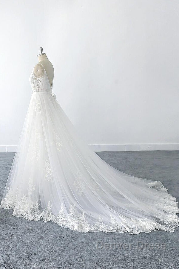 Amazing Long A Line V Neck Ruffle Appliques Tulle Wedding Dresses