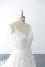 Amazing Long A Line V Neck Ruffle Appliques Tulle Wedding Dresses