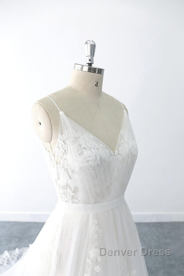 Amazing Long A Line V Neck Ruffle Appliques Tulle Wedding Dresses