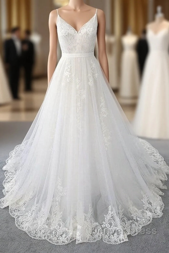 Amazing Long A-line V-neck Ruffle Appliques Tulle Wedding Dresses Main image