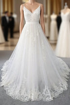 Amazing Long A Line V Neck Ruffle Appliques Tulle Wedding Dresses