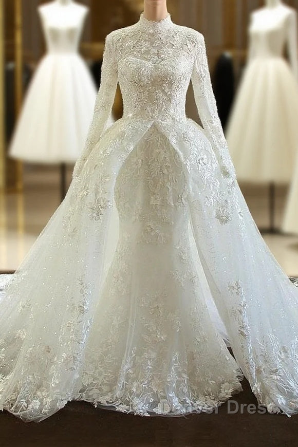 Amazing Long Mermaid High Neck Tulle Lace Wedding Dresses with Sleeves Main image