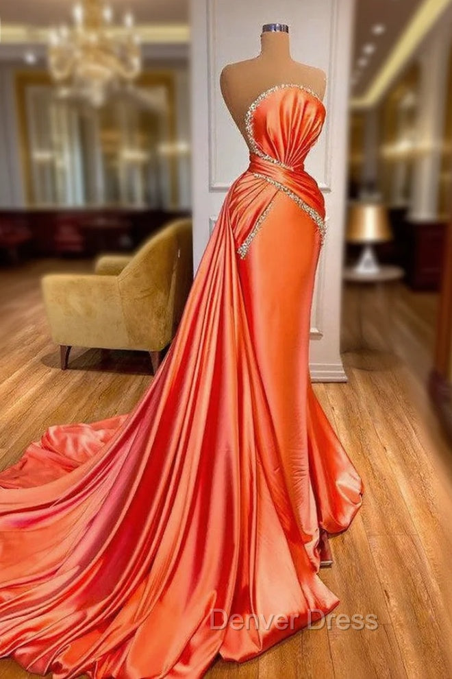 Amazing Orange Crystal Mermaid Prom Dresses With Detachable Train
