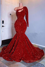 Amazing Red Long Sleeves Prom Dresses One Shoulder Mermaid With Sequins