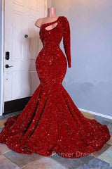 Amazing Red Long Sleeves Prom Dresses One-Shoulder Mermaid With Sequins