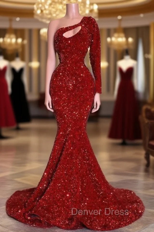 Amazing Red Long Sleeves Prom Dresses One Shoulder Mermaid With Sequins