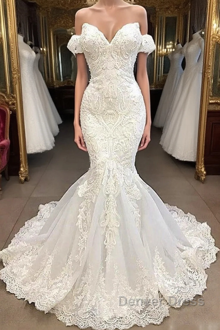 Amazing Sweetheart Mermaid White Wedding Dresses Off the shoulder Lace Bridal Gown Online Main image