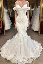 Amazing Sweetheart Mermaid White Wedding Dresses Off the shoulder Lace Bridal Gown Online