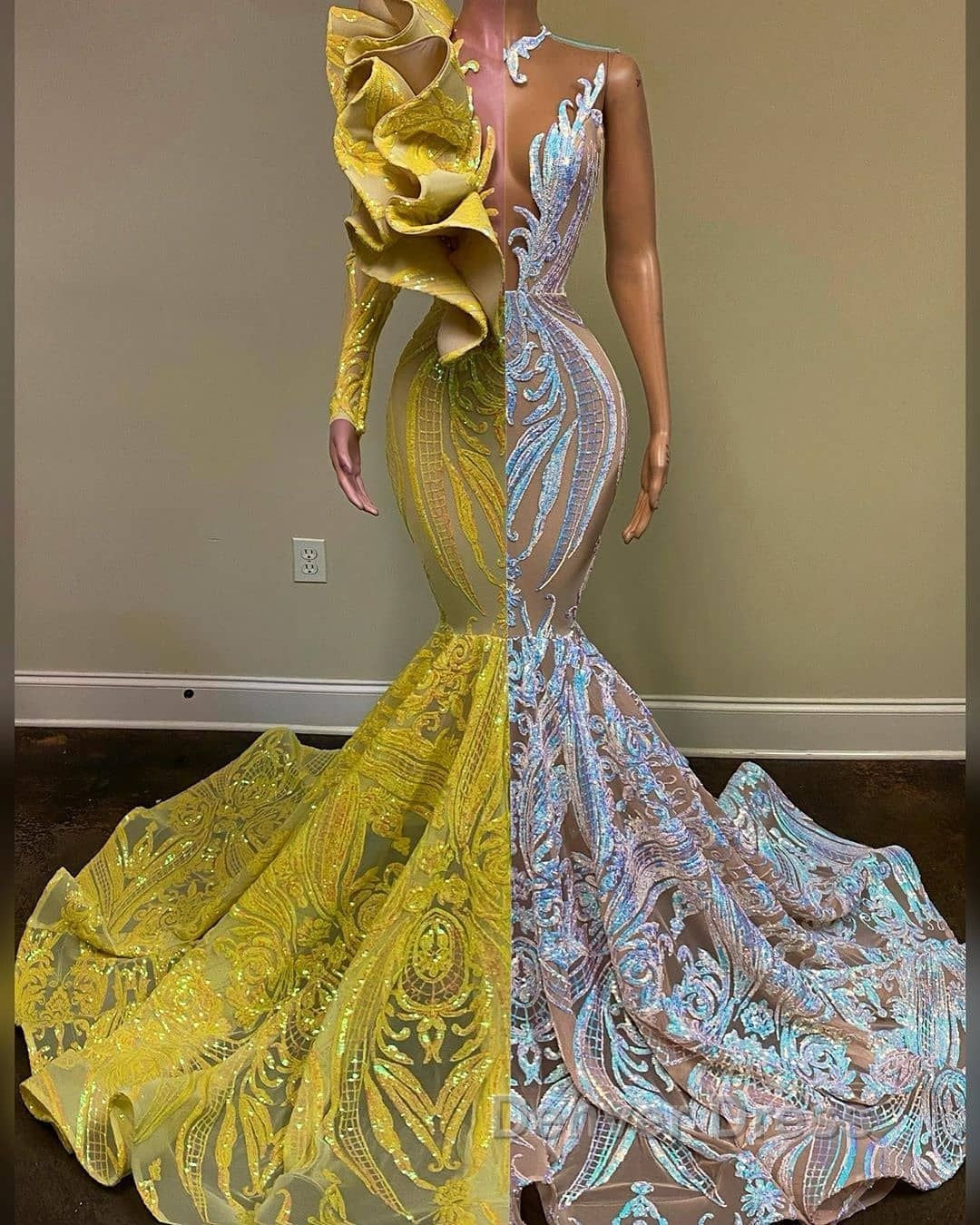 Amazing V-Neck One Shoulder Long Sleeve Long Mermaid Prom Dresses