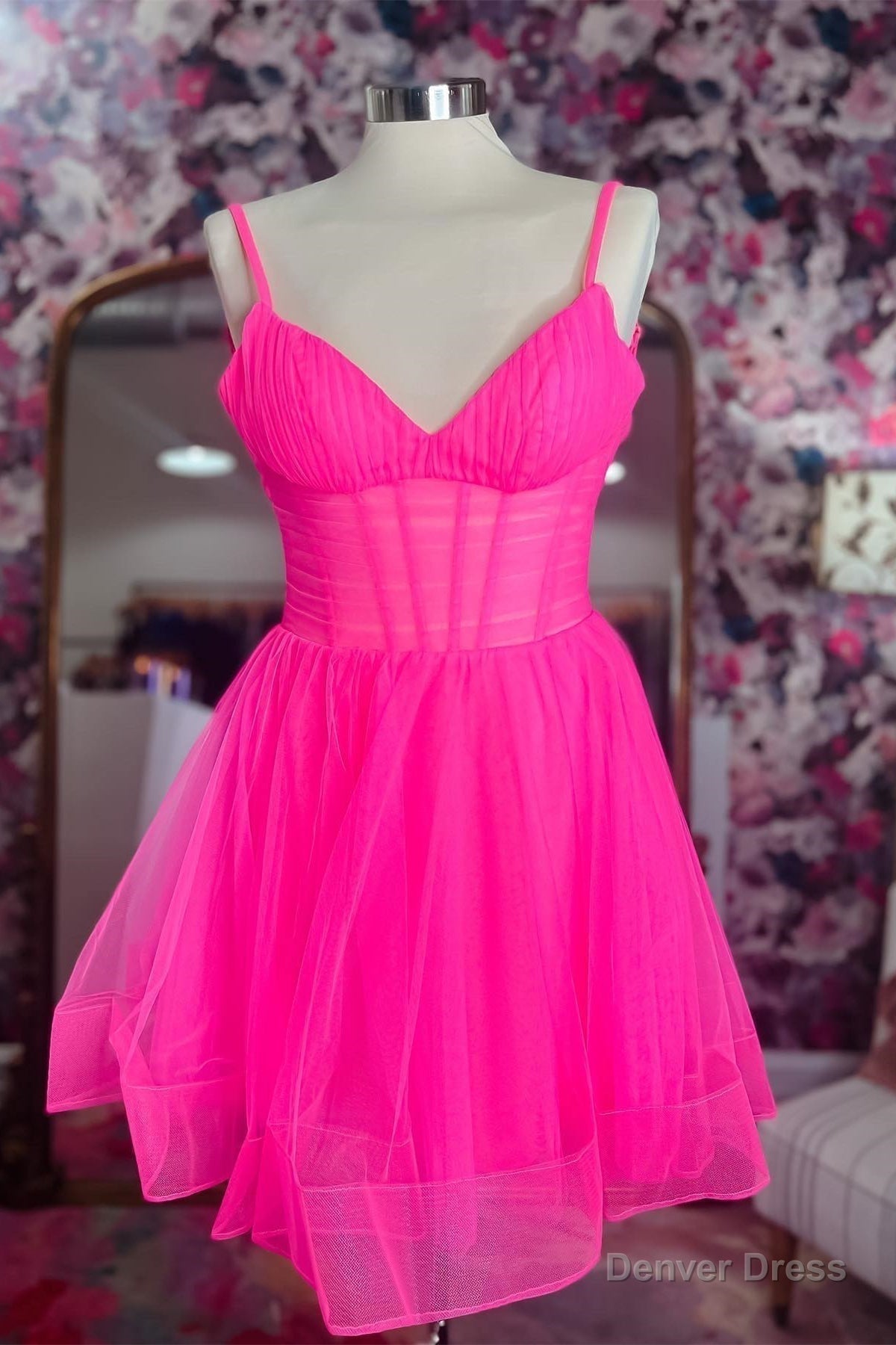 Hot Pink V Neck Straps Tulle Homecoming Dress Main image