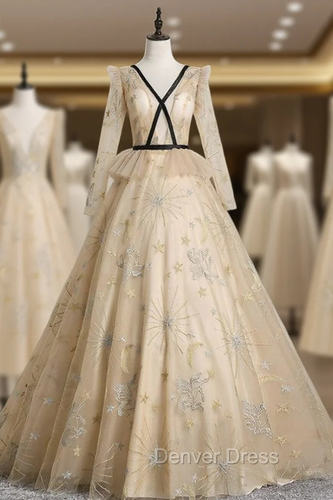 An Extra 40% Off Storewide Champagne Ball Gown Tulle V-neck Long Sleeve Quinceanera Dresses Main image