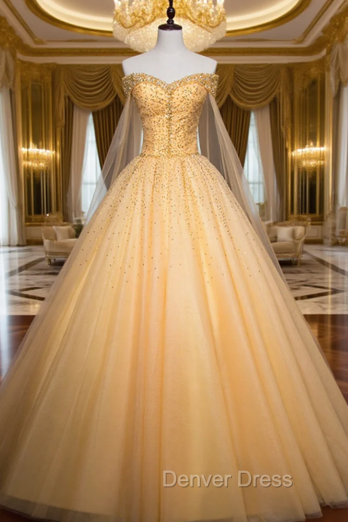 An Extra 40% Off Storewide Fashion Gold Ball Gown Tulle Off the Shoulder Beading Quinceanera Dresses