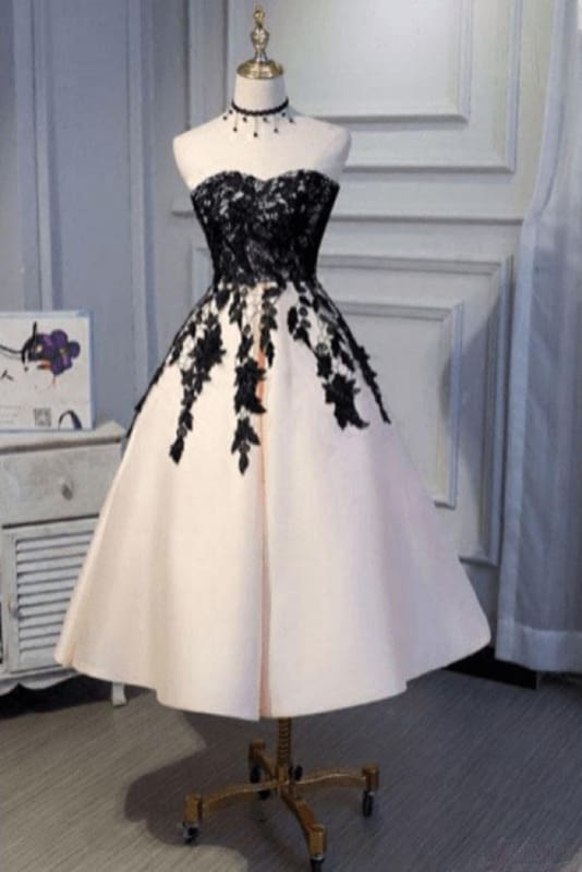 Ankle Length Strapless Prom with Black Lace A Line Princess Homecoming Dress Main image