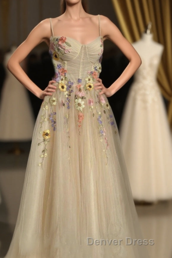 Ankle Length Tulle Straps Prom Dresses with Flowers, A Line Prom Gowns