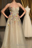 Ankle Length Tulle Straps Prom Dresses with Flowers, A Line Prom Gowns