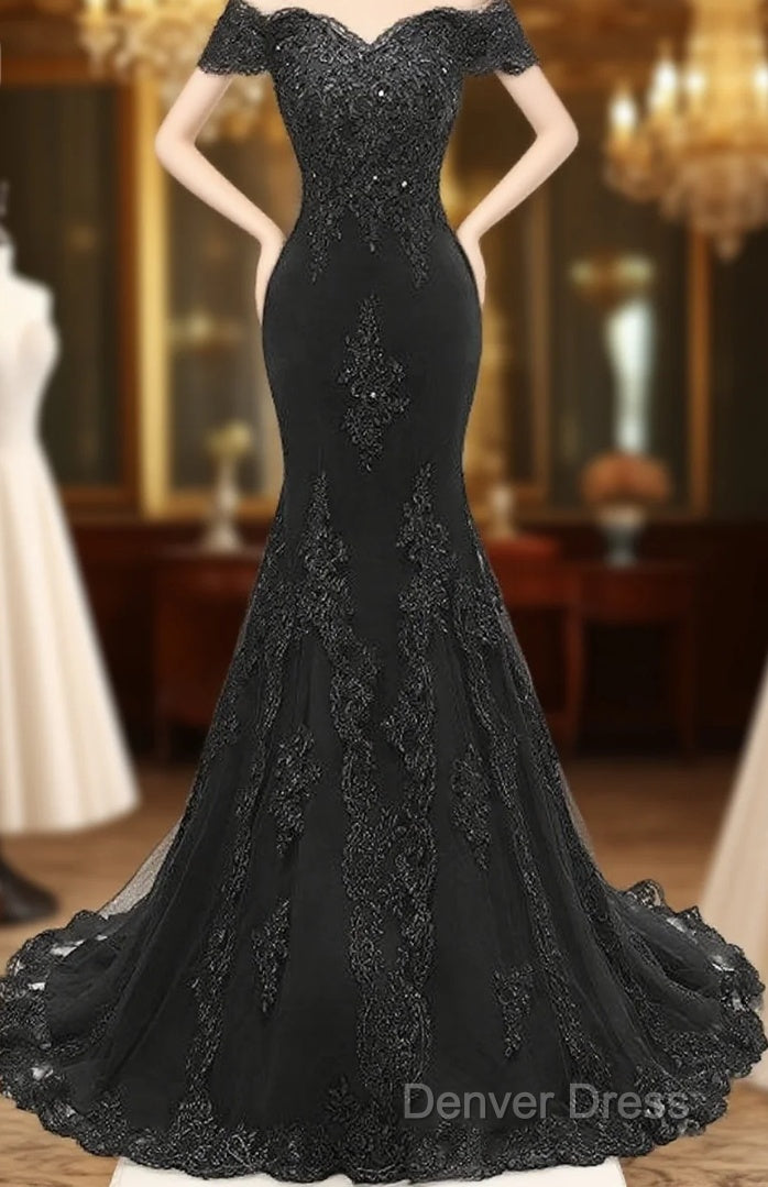 Applique Off The Shoulder Black Mermaid Long Evening Dresses Main image