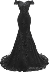 Applique Off The Shoulder Black Mermaid Long Evening Dresses