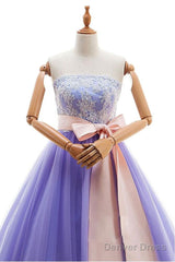 Appliques Long Purple Tulle Lace Prom Dress With Belt