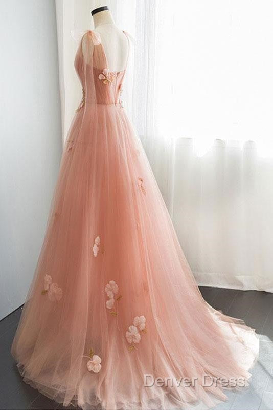 Appliques Straps Long Pink Tulle Flowers Prom Dresses Secondary image