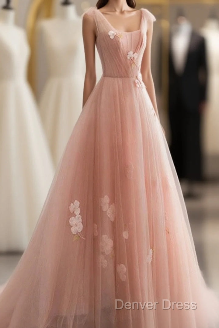 Appliques Straps Long Pink Tulle Flowers Prom Dresses Main image