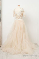 Appliques Tulle Lace Light Champagne Long Prom Dress