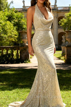Apricot Mermaid Halter Sequins Open Back Long Prom Dress