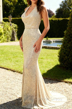 Apricot Mermaid Halter Sequins Open Back Long Prom Dress