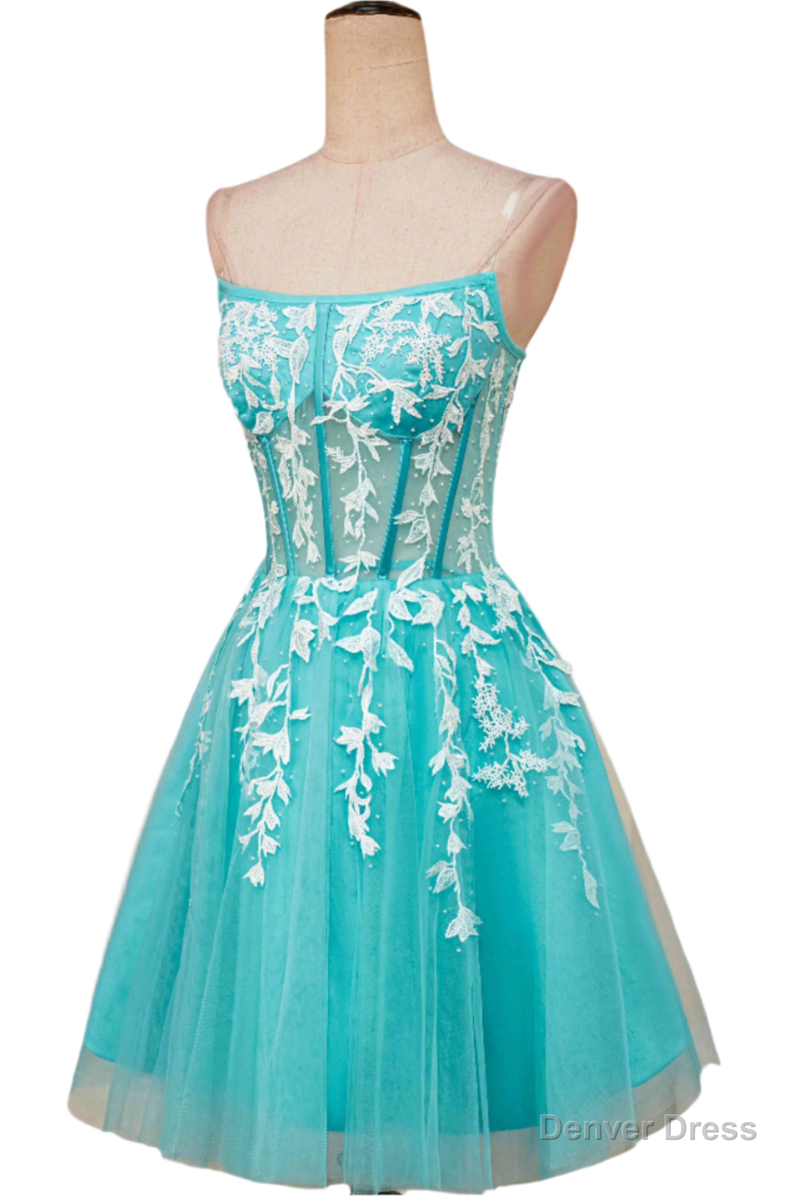 Aqua Blue Strapless A-Line Short Homecoming Dress with Appliques Secondary image